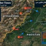 Satellite-style map of the Pakistan–Afghanistan border showing reported Pakistani airstrike locations, the border line, and key areas in Afghanistan and Pakistan.