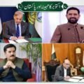 A four-panel grid collage featuring key Pakistani political figures under the Urdu header text "اکتوبر کا مہینہ اور پاکستان" (The Month of October and Pakistan). Top-left: Prime Minister Shehbaz Sharif signing official documents at a desk flanked by flags. Top-right: Khyber Pakhtunkhwa Chief Minister Sohail Afridi smiling at a podium with microphones. Bottom-left: PPP leader Faisal Karim Kundi seated thoughtfully on a red armchair. Bottom-right: President Asif Ali Zardari signing official papers with a naval aide standing behind him.