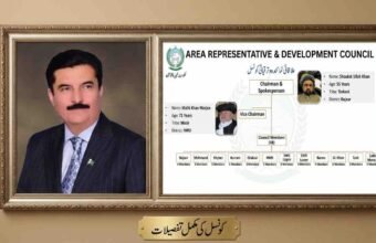 A combined photograph within a decorative wooden frame. The left panel is a formal portrait of a man in a navy blue suit with a Pakistani flag pin. The right panel is an organizational flowchart for the 'Area Representative & Development Council' for Khyber Pakhtunkhwa (KP). The chart shows Shoukat Ullah Khan as Chairman and Malik Khan Marjan as Vice Chairman, with a list of lower-level council divisions and member numbers. The bottom plaque has Urdu text 'کونسل کی مکمل تفصیلات'.