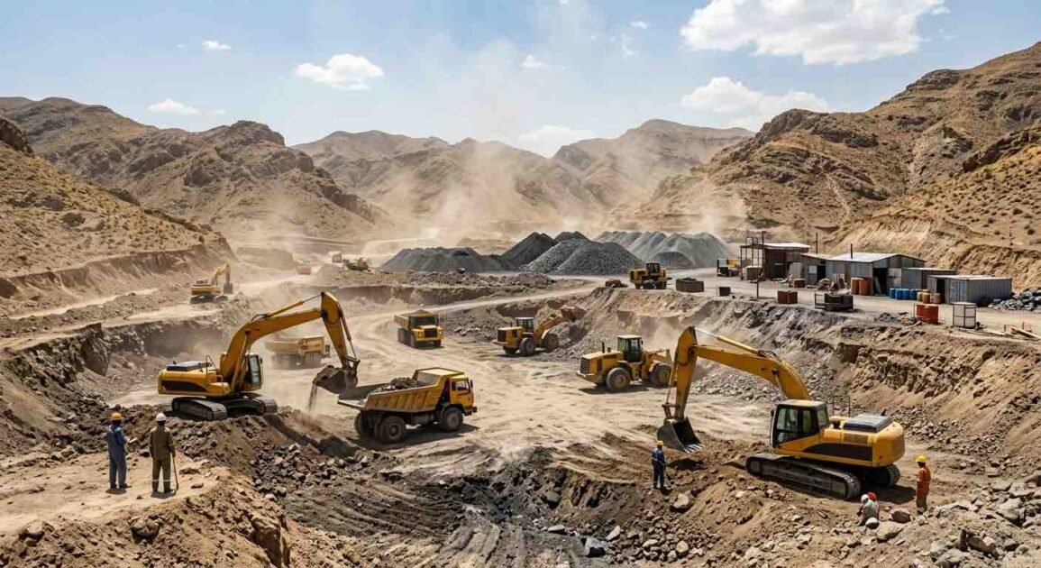 Heavy machinery, excavators, and trucks operating at an open-cast mining site in Khyber Pakhtunkhwa.
