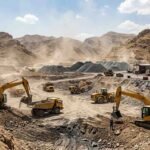 Heavy machinery, excavators, and trucks operating at an open-cast mining site in Khyber Pakhtunkhwa.