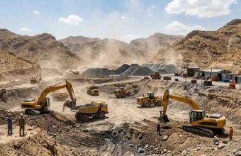 Heavy machinery, excavators, and trucks operating at an open-cast mining site in Khyber Pakhtunkhwa.