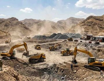 Heavy machinery, excavators, and trucks operating at an open-cast mining site in Khyber Pakhtunkhwa.