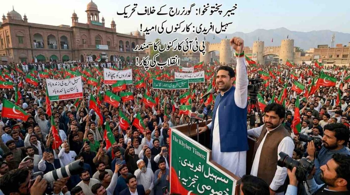 A high-resolution photograph taken from a slightly elevated position of a massive political rally in a historical square in Peshawar, Khyber Pakhtunkhwa. Prominent leader Sohail Afridi, wearing a blue waistcoat over a white shalwar kameez, stands on a raised platform with his right fist raised holding a string of prayer beads, speaking into an array of microphones. Another bearded man in a brown vest stands next to him. Before them, an enormous, tightly packed crowd of thousands of Pakistan Tehreek-e-Insaf (PTI) supporters fill the space, waving a dense sea of red and green PTI flags and holding banners with Urdu text. Historical stone fort-like buildings and mountains are visible in the background under a clear sky. Multiple media photographers and cameras are in the foreground. Large Urdu text overlays at the top and on a podium banner identify the event as the 'Movement Against Governor's Rule' in Khyber Pakhtunkhwa, with Sohail Afridi as a key figure and the crowd as a 'sea of workers' calling for revolution.