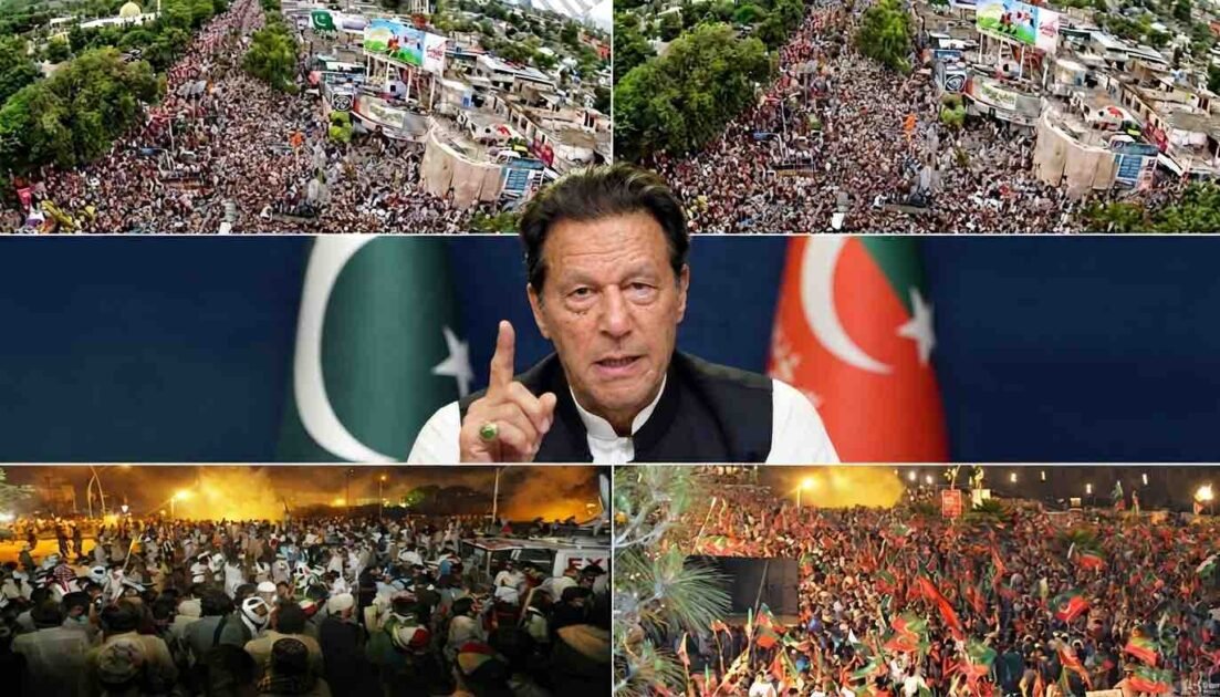 Collage of PTI protest demonstrations, sit-ins, and portraits of founding chairman Imran Khan.