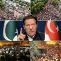 Collage of PTI protest demonstrations, sit-ins, and portraits of founding chairman Imran Khan.