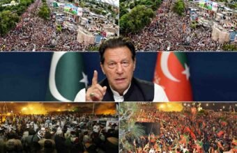 Collage of PTI protest demonstrations, sit-ins, and portraits of founding chairman Imran Khan.