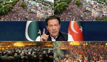 Collage of PTI protest demonstrations, sit-ins, and portraits of founding chairman Imran Khan.