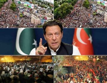 Collage of PTI protest demonstrations, sit-ins, and portraits of founding chairman Imran Khan.