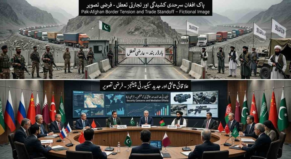 A fictional split-panel illustrative image divided vertically, visualizing aspects of the Pak-Afghan border report. The top panel depicts a closed mountain border crossing with concrete barriers, wire fences, and a road-blocking gate labeled in Urdu: 'بارڈر بند - عارضی تعطل' (Border Closed - Temporary Standoff). Convoys of stopped trade trucks are visible on roads leading to the crossing from both sides. Fictionalized green flags and white flags with stylized script are present, alongside illustrative security personnel in different uniforms. The Urdu label at the top reads: 'پاک افغان سرحدی کشیدگی اور تجارتی تعطل - فرضی تصویر' (Pak-Afghan Border Tension and Trade Standoff - Fictional Image). The bottom panel shows a large, round-table international mediation conference in a modern hall. Fictionalized representatives are seated around the table with stylized table flags from various nations. Individual table signs are marked with Urdu text like 'ثالثی کی کوششیں - فرضی ڈیٹا' (Mediation Efforts - Fictional Data). A large background screen displays fictional maps, graphs, and illustrations of advanced weapons (sniper rifles, night-vision devices), all clearly marked as illustrative and fictional. The Urdu label at the top reads: 'علاقائی ثالثی اور جدید سیکیورٹی چیلنجز - فرضی تصویر' (Regional Mediation and Security Challenges - Fictional Image).
