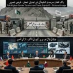 A fictional split-panel illustrative image divided vertically, visualizing aspects of the Pak-Afghan border report. The top panel depicts a closed mountain border crossing with concrete barriers, wire fences, and a road-blocking gate labeled in Urdu: 'بارڈر بند - عارضی تعطل' (Border Closed - Temporary Standoff). Convoys of stopped trade trucks are visible on roads leading to the crossing from both sides. Fictionalized green flags and white flags with stylized script are present, alongside illustrative security personnel in different uniforms. The Urdu label at the top reads: 'پاک افغان سرحدی کشیدگی اور تجارتی تعطل - فرضی تصویر' (Pak-Afghan Border Tension and Trade Standoff - Fictional Image). The bottom panel shows a large, round-table international mediation conference in a modern hall. Fictionalized representatives are seated around the table with stylized table flags from various nations. Individual table signs are marked with Urdu text like 'ثالثی کی کوششیں - فرضی ڈیٹا' (Mediation Efforts - Fictional Data). A large background screen displays fictional maps, graphs, and illustrations of advanced weapons (sniper rifles, night-vision devices), all clearly marked as illustrative and fictional. The Urdu label at the top reads: 'علاقائی ثالثی اور جدید سیکیورٹی چیلنجز - فرضی تصویر' (Regional Mediation and Security Challenges - Fictional Image).
