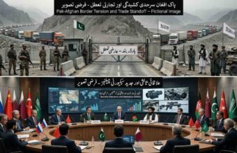 A fictional split-panel illustrative image divided vertically, visualizing aspects of the Pak-Afghan border report. The top panel depicts a closed mountain border crossing with concrete barriers, wire fences, and a road-blocking gate labeled in Urdu: 'بارڈر بند - عارضی تعطل' (Border Closed - Temporary Standoff). Convoys of stopped trade trucks are visible on roads leading to the crossing from both sides. Fictionalized green flags and white flags with stylized script are present, alongside illustrative security personnel in different uniforms. The Urdu label at the top reads: 'پاک افغان سرحدی کشیدگی اور تجارتی تعطل - فرضی تصویر' (Pak-Afghan Border Tension and Trade Standoff - Fictional Image). The bottom panel shows a large, round-table international mediation conference in a modern hall. Fictionalized representatives are seated around the table with stylized table flags from various nations. Individual table signs are marked with Urdu text like 'ثالثی کی کوششیں - فرضی ڈیٹا' (Mediation Efforts - Fictional Data). A large background screen displays fictional maps, graphs, and illustrations of advanced weapons (sniper rifles, night-vision devices), all clearly marked as illustrative and fictional. The Urdu label at the top reads: 'علاقائی ثالثی اور جدید سیکیورٹی چیلنجز - فرضی تصویر' (Regional Mediation and Security Challenges - Fictional Image).