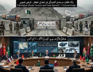 A fictional split-panel illustrative image divided vertically, visualizing aspects of the Pak-Afghan border report. The top panel depicts a closed mountain border crossing with concrete barriers, wire fences, and a road-blocking gate labeled in Urdu: 'بارڈر بند - عارضی تعطل' (Border Closed - Temporary Standoff). Convoys of stopped trade trucks are visible on roads leading to the crossing from both sides. Fictionalized green flags and white flags with stylized script are present, alongside illustrative security personnel in different uniforms. The Urdu label at the top reads: 'پاک افغان سرحدی کشیدگی اور تجارتی تعطل - فرضی تصویر' (Pak-Afghan Border Tension and Trade Standoff - Fictional Image). The bottom panel shows a large, round-table international mediation conference in a modern hall. Fictionalized representatives are seated around the table with stylized table flags from various nations. Individual table signs are marked with Urdu text like 'ثالثی کی کوششیں - فرضی ڈیٹا' (Mediation Efforts - Fictional Data). A large background screen displays fictional maps, graphs, and illustrations of advanced weapons (sniper rifles, night-vision devices), all clearly marked as illustrative and fictional. The Urdu label at the top reads: 'علاقائی ثالثی اور جدید سیکیورٹی چیلنجز - فرضی تصویر' (Regional Mediation and Security Challenges - Fictional Image).
