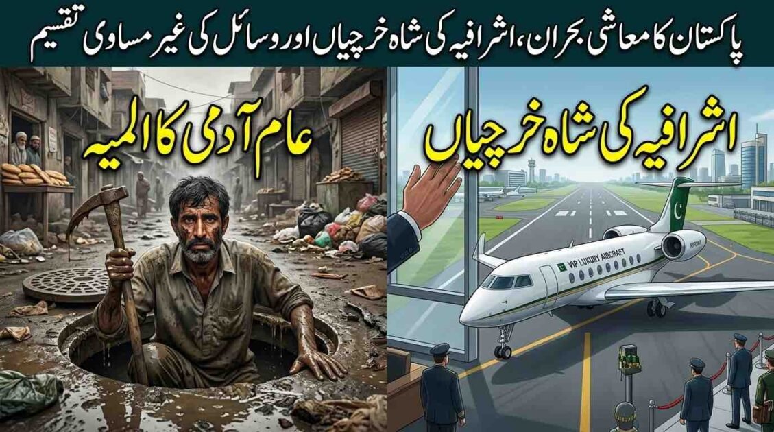 An illustrative image split into two scenes. The top, right-hand scene shows a modern, guarded private jet labeled "GOVERNMENT" on a pristine runway, with a large house. The bottom, left-hand scene shows a poor, exhausted man emerging from a filthy sewer manhole in a impoverished street with bread lines. Large Urdu text overlays both sections, highlighting the contrast.