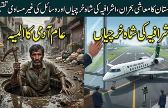An illustrative image split into two scenes. The top, right-hand scene shows a modern, guarded private jet labeled "GOVERNMENT" on a pristine runway, with a large house. The bottom, left-hand scene shows a poor, exhausted man emerging from a filthy sewer manhole in a impoverished street with bread lines. Large Urdu text overlays both sections, highlighting the contrast.
