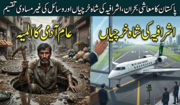 An illustrative image split into two scenes. The top, right-hand scene shows a modern, guarded private jet labeled "GOVERNMENT" on a pristine runway, with a large house. The bottom, left-hand scene shows a poor, exhausted man emerging from a filthy sewer manhole in a impoverished street with bread lines. Large Urdu text overlays both sections, highlighting the contrast.
