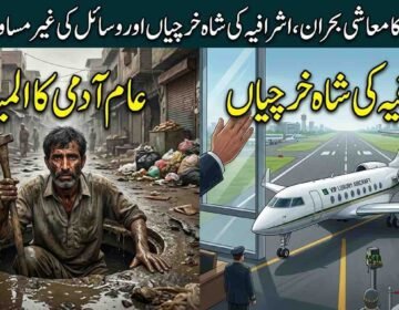 An illustrative image split into two scenes. The top, right-hand scene shows a modern, guarded private jet labeled "GOVERNMENT" on a pristine runway, with a large house. The bottom, left-hand scene shows a poor, exhausted man emerging from a filthy sewer manhole in a impoverished street with bread lines. Large Urdu text overlays both sections, highlighting the contrast.