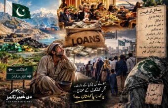 Editorial illustration showing Pakistan’s natural resources, including gold, copper, coal and emeralds, contrasted with rising debt, elite privileges, poverty and the financial burden on ordinary citizens and future generations.