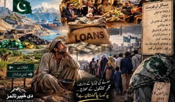 Editorial illustration showing Pakistan’s natural resources, including gold, copper, coal and emeralds, contrasted with rising debt, elite privileges, poverty and the financial burden on ordinary citizens and future generations.