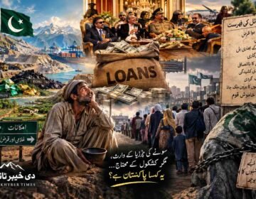 Editorial illustration showing Pakistan’s natural resources, including gold, copper, coal and emeralds, contrasted with rising debt, elite privileges, poverty and the financial burden on ordinary citizens and future generations.