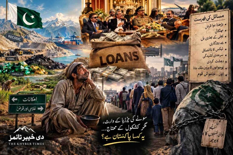 Editorial illustration showing Pakistan’s natural resources, including gold, copper, coal and emeralds, contrasted with rising debt, elite privileges, poverty and the financial burden on ordinary citizens and future generations.