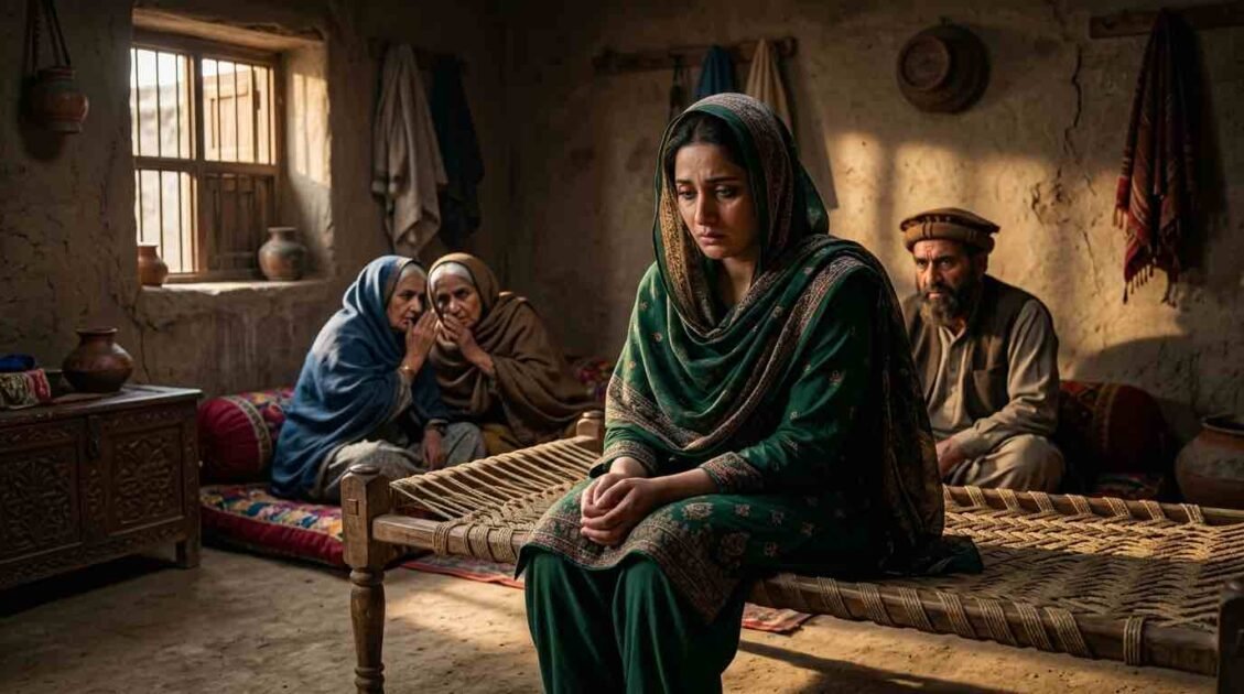 A sorrowful Pashtun woman in a green traditional dress sitting alone on a charpai while elderly family members whisper in the background inside a rustic home in Peshawar.