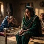 A sorrowful Pashtun woman in a green traditional dress sitting alone on a charpai while elderly family members whisper in the background inside a rustic home in Peshawar.