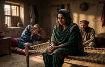 A sorrowful Pashtun woman in a green traditional dress sitting alone on a charpai while elderly family members whisper in the background inside a rustic home in Peshawar.