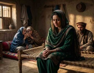 A sorrowful Pashtun woman in a green traditional dress sitting alone on a charpai while elderly family members whisper in the background inside a rustic home in Peshawar.