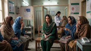 A sad Pashtun woman in a green dress sits on a wooden bench in a hospital waiting room while other women whisper and point at her in Peshawar.
