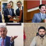 A 4-panel image collage. Clockwise from top-left: Pakistani military and civilian officials present an open box of mineral gems to foreign leaders; former KP Chief Minister Sohail Afridi sits seriously in his office with flags; PPP leader Faisal Karim Kundi speaks at a press conference rostrum; and Defense Minister Khawaja Asif gestures while speaking at a desk.