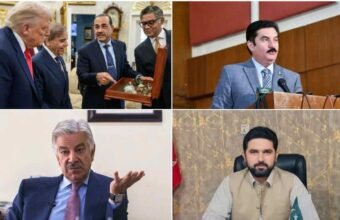 A 4-panel image collage. Clockwise from top-left: Pakistani military and civilian officials present an open box of mineral gems to foreign leaders; former KP Chief Minister Sohail Afridi sits seriously in his office with flags; PPP leader Faisal Karim Kundi speaks at a press conference rostrum; and Defense Minister Khawaja Asif gestures while speaking at a desk.