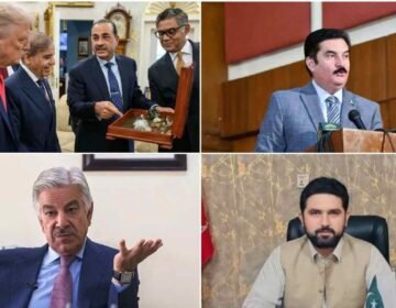 A 4-panel image collage. Clockwise from top-left: Pakistani military and civilian officials present an open box of mineral gems to foreign leaders; former KP Chief Minister Sohail Afridi sits seriously in his office with flags; PPP leader Faisal Karim Kundi speaks at a press conference rostrum; and Defense Minister Khawaja Asif gestures while speaking at a desk.