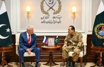 Russian Interior Minister Vladimir Kolokoltsev meeting Pakistan Army Chief General Asim Munir at GHQ Rawalpindi to discuss security cooperation.