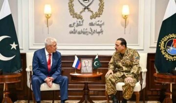 Russian Interior Minister Vladimir Kolokoltsev meeting Pakistan Army Chief General Asim Munir at GHQ Rawalpindi to discuss security cooperation.