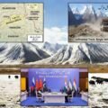 A detailed photo-montage illustrating the multi-front crisis centered on the Wakhan Corridor. The background is the vast, snow-capped Pamir mountain landscape (derived from image_3.png and image_6.png), featuring a rough, unfinished mountain dirt road with a single dusty truck (derived from image_5.png and image_9.png), symbolizing the unfulfilled promise of a trade route. An inset panel sharply displays the formal stage of the Moscow Format diplomatic meeting with delegates from the Taliban, Russia, and other nations standing in front of many flags (derived from image_4.png), symbolizing the diplomatic deadlock. A topographical map overlay traces the corridor's sensitive borders with China's Xinjiang and Pakistan's tribal areas (derived from image_8.png), highlighting Beijing's security concerns regarding ETIM and TTP.
