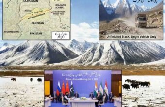 A detailed photo-montage illustrating the multi-front crisis centered on the Wakhan Corridor. The background is the vast, snow-capped Pamir mountain landscape (derived from image_3.png and image_6.png), featuring a rough, unfinished mountain dirt road with a single dusty truck (derived from image_5.png and image_9.png), symbolizing the unfulfilled promise of a trade route. An inset panel sharply displays the formal stage of the Moscow Format diplomatic meeting with delegates from the Taliban, Russia, and other nations standing in front of many flags (derived from image_4.png), symbolizing the diplomatic deadlock. A topographical map overlay traces the corridor's sensitive borders with China's Xinjiang and Pakistan's tribal areas (derived from image_8.png), highlighting Beijing's security concerns regarding ETIM and TTP.