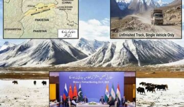 A detailed photo-montage illustrating the multi-front crisis centered on the Wakhan Corridor. The background is the vast, snow-capped Pamir mountain landscape (derived from image_3.png and image_6.png), featuring a rough, unfinished mountain dirt road with a single dusty truck (derived from image_5.png and image_9.png), symbolizing the unfulfilled promise of a trade route. An inset panel sharply displays the formal stage of the Moscow Format diplomatic meeting with delegates from the Taliban, Russia, and other nations standing in front of many flags (derived from image_4.png), symbolizing the diplomatic deadlock. A topographical map overlay traces the corridor's sensitive borders with China's Xinjiang and Pakistan's tribal areas (derived from image_8.png), highlighting Beijing's security concerns regarding ETIM and TTP.