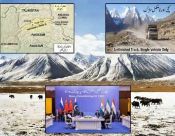 A detailed photo-montage illustrating the multi-front crisis centered on the Wakhan Corridor. The background is the vast, snow-capped Pamir mountain landscape (derived from image_3.png and image_6.png), featuring a rough, unfinished mountain dirt road with a single dusty truck (derived from image_5.png and image_9.png), symbolizing the unfulfilled promise of a trade route. An inset panel sharply displays the formal stage of the Moscow Format diplomatic meeting with delegates from the Taliban, Russia, and other nations standing in front of many flags (derived from image_4.png), symbolizing the diplomatic deadlock. A topographical map overlay traces the corridor's sensitive borders with China's Xinjiang and Pakistan's tribal areas (derived from image_8.png), highlighting Beijing's security concerns regarding ETIM and TTP.