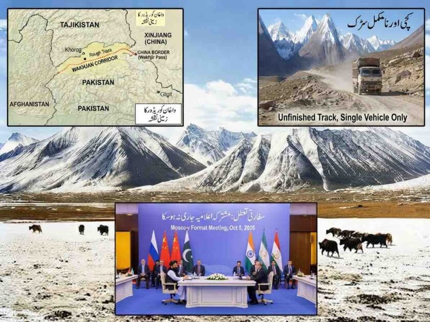A detailed photo-montage illustrating the multi-front crisis centered on the Wakhan Corridor. The background is the vast, snow-capped Pamir mountain landscape (derived from image_3.png and image_6.png), featuring a rough, unfinished mountain dirt road with a single dusty truck (derived from image_5.png and image_9.png), symbolizing the unfulfilled promise of a trade route. An inset panel sharply displays the formal stage of the Moscow Format diplomatic meeting with delegates from the Taliban, Russia, and other nations standing in front of many flags (derived from image_4.png), symbolizing the diplomatic deadlock. A topographical map overlay traces the corridor's sensitive borders with China's Xinjiang and Pakistan's tribal areas (derived from image_8.png), highlighting Beijing's security concerns regarding ETIM and TTP.