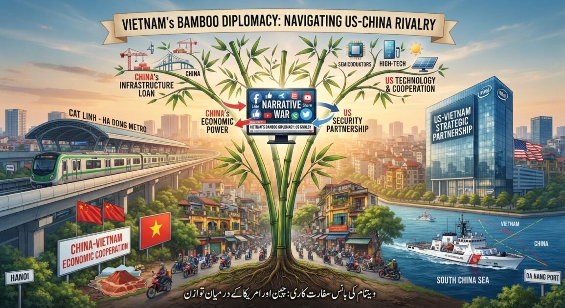 An intricate infographic titled "VIETNAM'S BAMBOO DIPLOMACY: NAVIGATING US-CHINA RIVALRY" with a central stylized bamboo tree representing resilience and balance. The image is split into two halves, bridging the competing influences. The left half focuses on China, with icons for the Cat Linh-Ha Dong metro, "CHINA'S INFRASTRUCTURE LOAN," "CHINA-VIETNAM ECONOMIC COOPERATION," and several red Chinese flags. The right half focuses on the US and West, featuring a modern building with the "Intel" logo, a sign for "US-VIETNAM STRATEGIC PARTNERSHIP," high-tech and semiconductor icons, a US flag, and a US Coast Guard vessel in the sea. The center bridge contains a digital screen displaying "NARRATIVE WAR" with social media icons. Below the entire scene is the same title in Urdu: "ویتنام کی بانس سفارت کاری: چین اور امریکا کے درمیان توازن."