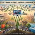An intricate infographic titled "VIETNAM'S BAMBOO DIPLOMACY: NAVIGATING US-CHINA RIVALRY" with a central stylized bamboo tree representing resilience and balance. The image is split into two halves, bridging the competing influences. The left half focuses on China, with icons for the Cat Linh-Ha Dong metro, "CHINA'S INFRASTRUCTURE LOAN," "CHINA-VIETNAM ECONOMIC COOPERATION," and several red Chinese flags. The right half focuses on the US and West, featuring a modern building with the "Intel" logo, a sign for "US-VIETNAM STRATEGIC PARTNERSHIP," high-tech and semiconductor icons, a US flag, and a US Coast Guard vessel in the sea. The center bridge contains a digital screen displaying "NARRATIVE WAR" with social media icons. Below the entire scene is the same title in Urdu: "ویتنام کی بانس سفارت کاری: چین اور امریکا کے درمیان توازن."