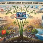 An intricate infographic titled "VIETNAM'S BAMBOO DIPLOMACY: NAVIGATING US-CHINA RIVALRY" with a central stylized bamboo tree representing resilience and balance. The image is split into two halves, bridging the competing influences. The left half focuses on China, with icons for the Cat Linh-Ha Dong metro, "CHINA'S INFRASTRUCTURE LOAN," "CHINA-VIETNAM ECONOMIC COOPERATION," and several red Chinese flags. The right half focuses on the US and West, featuring a modern building with the "Intel" logo, a sign for "US-VIETNAM STRATEGIC PARTNERSHIP," high-tech and semiconductor icons, a US flag, and a US Coast Guard vessel in the sea. The center bridge contains a digital screen displaying "NARRATIVE WAR" with social media icons. Below the entire scene is the same title in Urdu: "ویتنام کی بانس سفارت کاری: چین اور امریکا کے درمیان توازن."