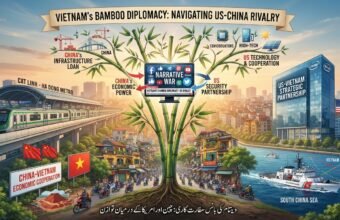 An intricate infographic titled "VIETNAM'S BAMBOO DIPLOMACY: NAVIGATING US-CHINA RIVALRY" with a central stylized bamboo tree representing resilience and balance. The image is split into two halves, bridging the competing influences. The left half focuses on China, with icons for the Cat Linh-Ha Dong metro, "CHINA'S INFRASTRUCTURE LOAN," "CHINA-VIETNAM ECONOMIC COOPERATION," and several red Chinese flags. The right half focuses on the US and West, featuring a modern building with the "Intel" logo, a sign for "US-VIETNAM STRATEGIC PARTNERSHIP," high-tech and semiconductor icons, a US flag, and a US Coast Guard vessel in the sea. The center bridge contains a digital screen displaying "NARRATIVE WAR" with social media icons. Below the entire scene is the same title in Urdu: "ویتنام کی بانس سفارت کاری: چین اور امریکا کے درمیان توازن."