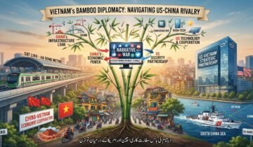 An intricate infographic titled "VIETNAM'S BAMBOO DIPLOMACY: NAVIGATING US-CHINA RIVALRY" with a central stylized bamboo tree representing resilience and balance. The image is split into two halves, bridging the competing influences. The left half focuses on China, with icons for the Cat Linh-Ha Dong metro, "CHINA'S INFRASTRUCTURE LOAN," "CHINA-VIETNAM ECONOMIC COOPERATION," and several red Chinese flags. The right half focuses on the US and West, featuring a modern building with the "Intel" logo, a sign for "US-VIETNAM STRATEGIC PARTNERSHIP," high-tech and semiconductor icons, a US flag, and a US Coast Guard vessel in the sea. The center bridge contains a digital screen displaying "NARRATIVE WAR" with social media icons. Below the entire scene is the same title in Urdu: "ویتنام کی بانس سفارت کاری: چین اور امریکا کے درمیان توازن."