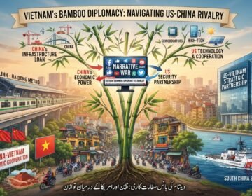 An intricate infographic titled "VIETNAM'S BAMBOO DIPLOMACY: NAVIGATING US-CHINA RIVALRY" with a central stylized bamboo tree representing resilience and balance. The image is split into two halves, bridging the competing influences. The left half focuses on China, with icons for the Cat Linh-Ha Dong metro, "CHINA'S INFRASTRUCTURE LOAN," "CHINA-VIETNAM ECONOMIC COOPERATION," and several red Chinese flags. The right half focuses on the US and West, featuring a modern building with the "Intel" logo, a sign for "US-VIETNAM STRATEGIC PARTNERSHIP," high-tech and semiconductor icons, a US flag, and a US Coast Guard vessel in the sea. The center bridge contains a digital screen displaying "NARRATIVE WAR" with social media icons. Below the entire scene is the same title in Urdu: "ویتنام کی بانس سفارت کاری: چین اور امریکا کے درمیان توازن."