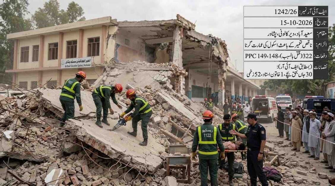 Rescue workers and officials inspecting the debris and wreckage of the collapsed Al-Khair Education System building in Dir Colony, Peshawar.