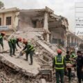 Rescue workers and officials inspecting the debris and wreckage of the collapsed Al-Khair Education System building in Dir Colony, Peshawar.