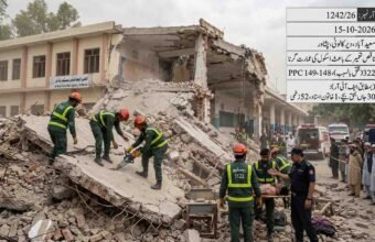 Rescue workers and officials inspecting the debris and wreckage of the collapsed Al-Khair Education System building in Dir Colony, Peshawar.
