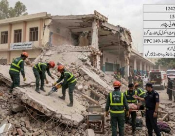 Rescue workers and officials inspecting the debris and wreckage of the collapsed Al-Khair Education System building in Dir Colony, Peshawar.